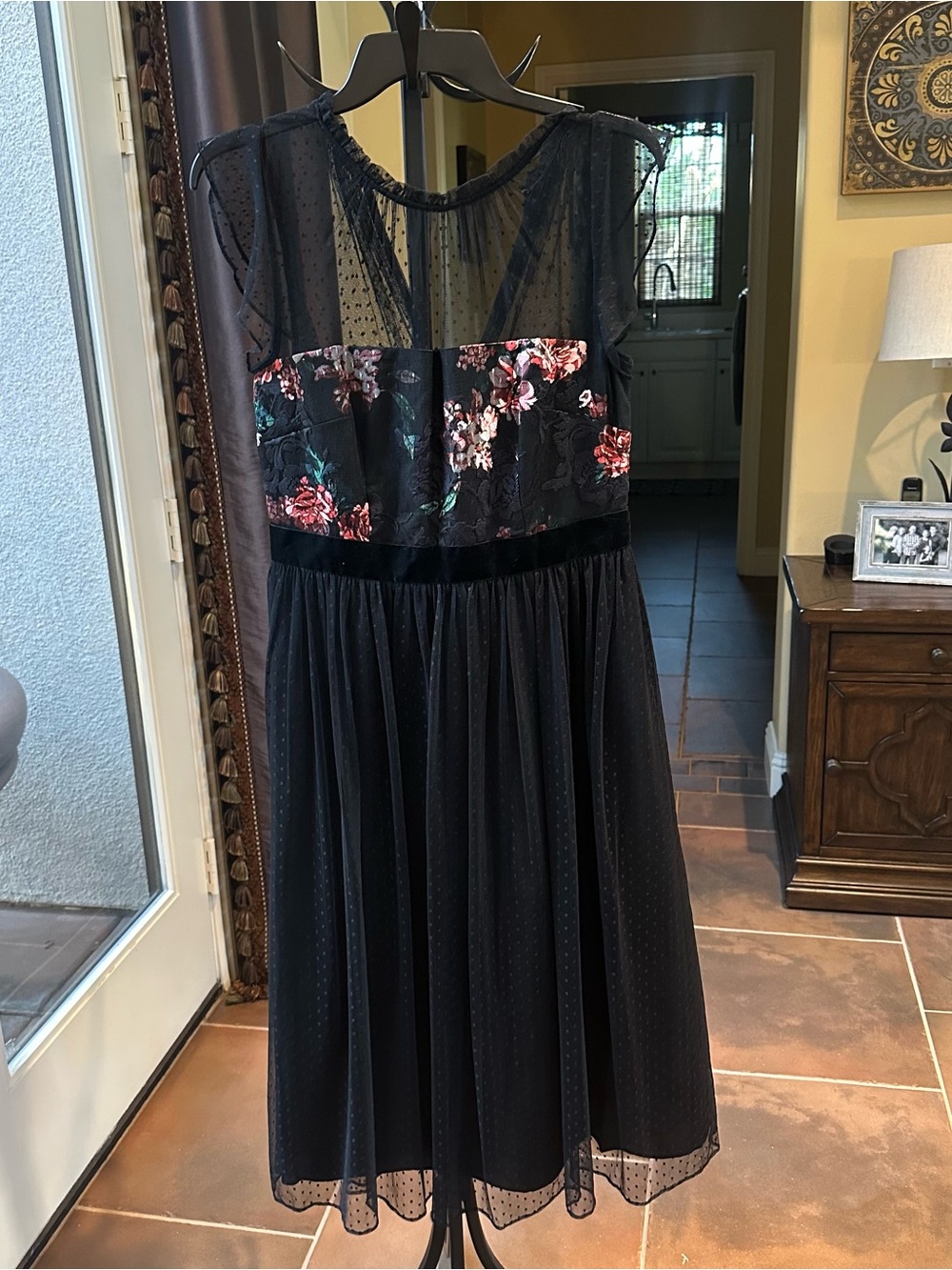 Adrianna Papell Black Midi Dress with Floral Embroidered Bodice